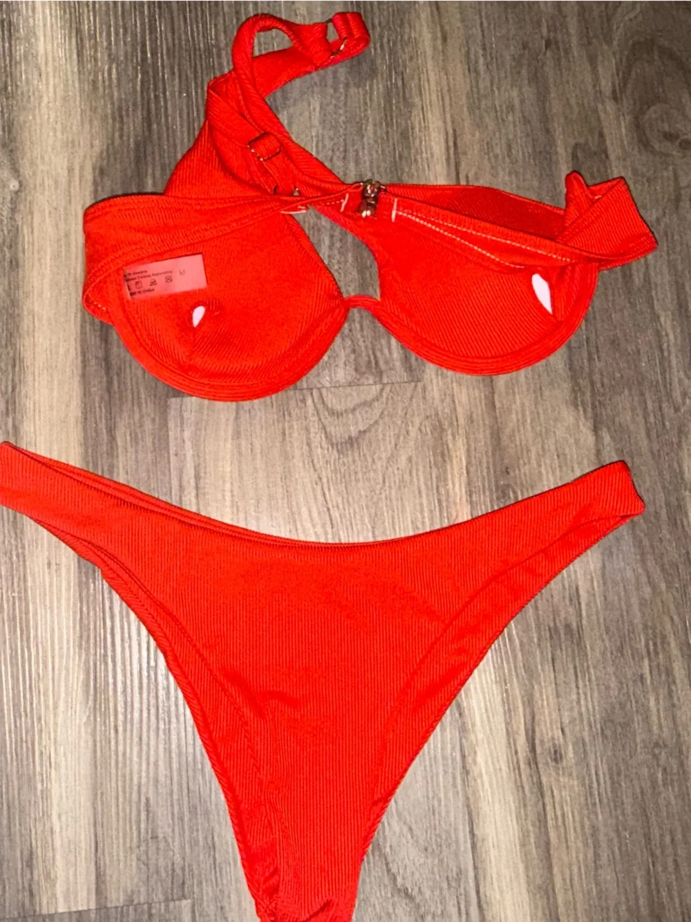SHEIN Neon Red Bikini‎ Set Ribbed One Shoulder Medium